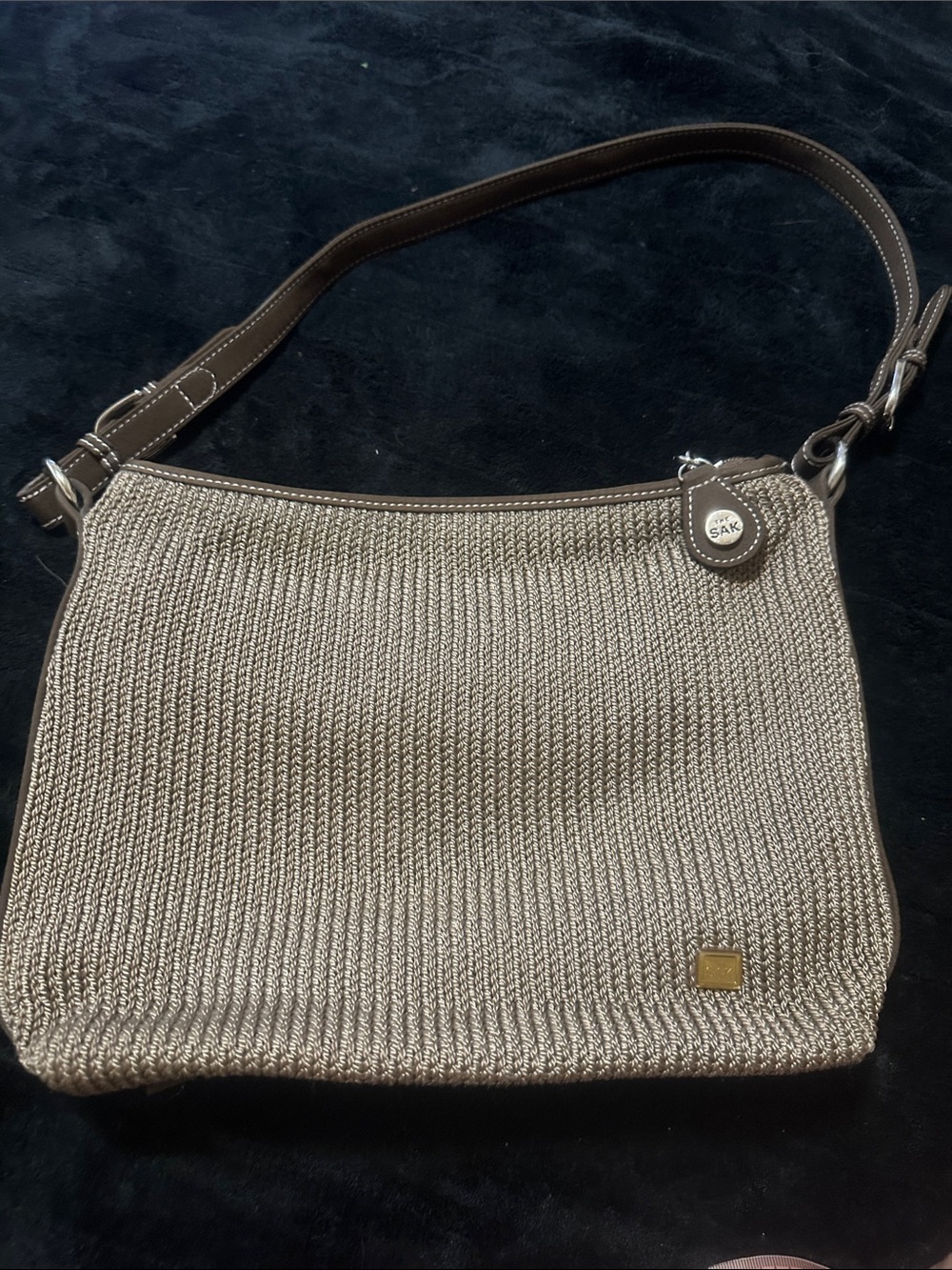 The Sak Taupe Woven Shoulder Bag with Brown Trim